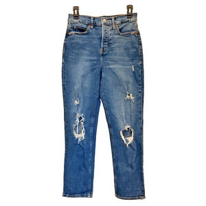 Old Navy Blue Sky-Hi Straight Extra High Rise Button Fly Distressed Jeans Sz 4